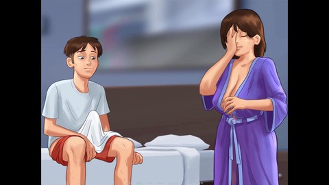 Eine freche Mutter erwischt einen Kerl beim Masturbieren und erlaubt ihm dann, auf ihren riesigen Brüsten in der Summertime Saga - Episode 173 zu enden