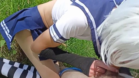 Femboy sucking dick, twink, outdoors